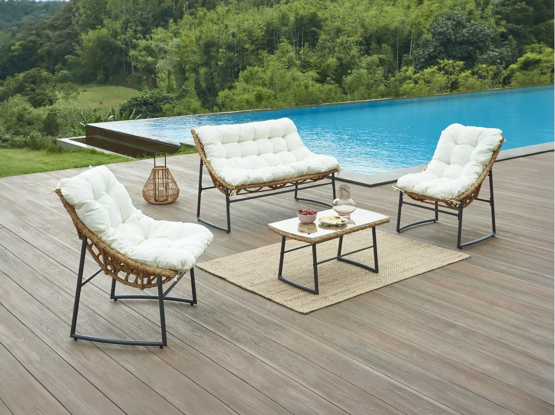 Salon de jardin en résine tressée : 1 canapé 2 places, 2 fauteuils et une table basse - Naturel clair - JONAH de MYLIA