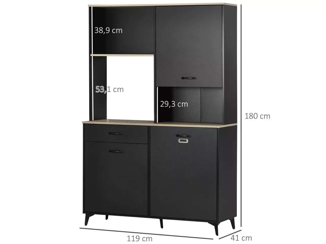 Buffet haut design industriel multi-rangement - 3 portes avec étagère, tiroir, niche, grand plateau - piètement métal noir aspect chêne clair
