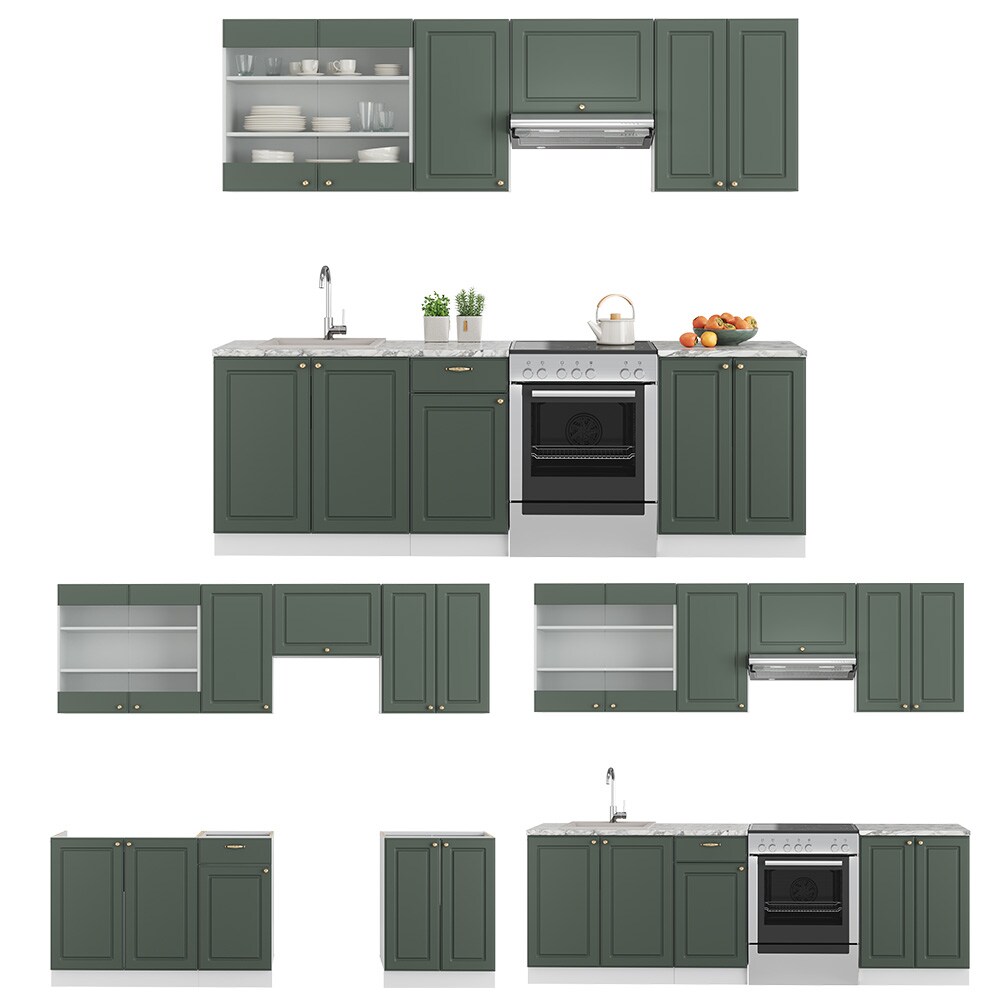 Vicco Küchenzeile Küchenblock Einbauküche Fame-Line Landhaus Weiß Grün Gold 240 cm Küchen Schränke Spülenunterschrank Schubunterschrank Hängeschrank Hängeglasschrank