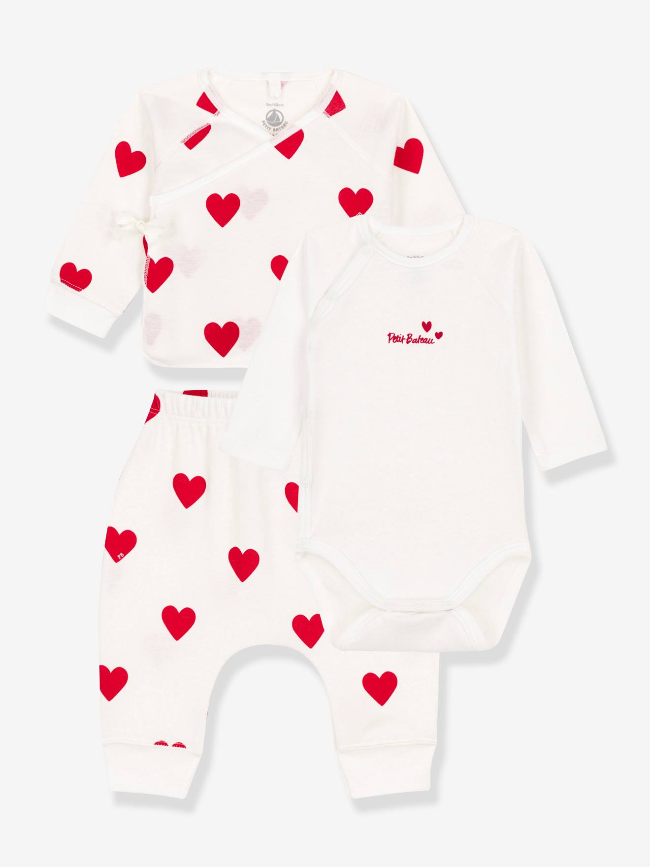 Conjunto de 3 peças para bebê PETIT BATEAU com estampa de corações em algodão, branco