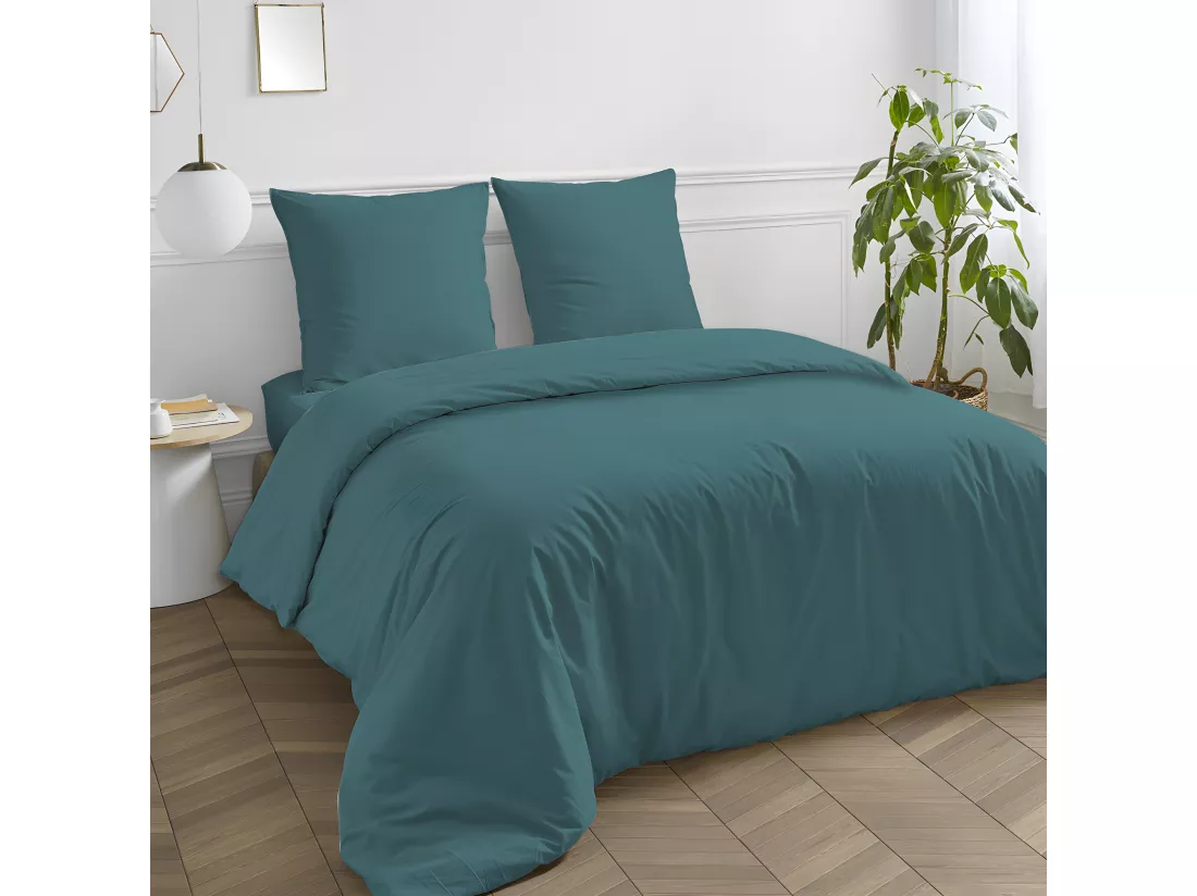 Drap housse en coton 57 fils uni bonnet 25cm canard 140x200cm