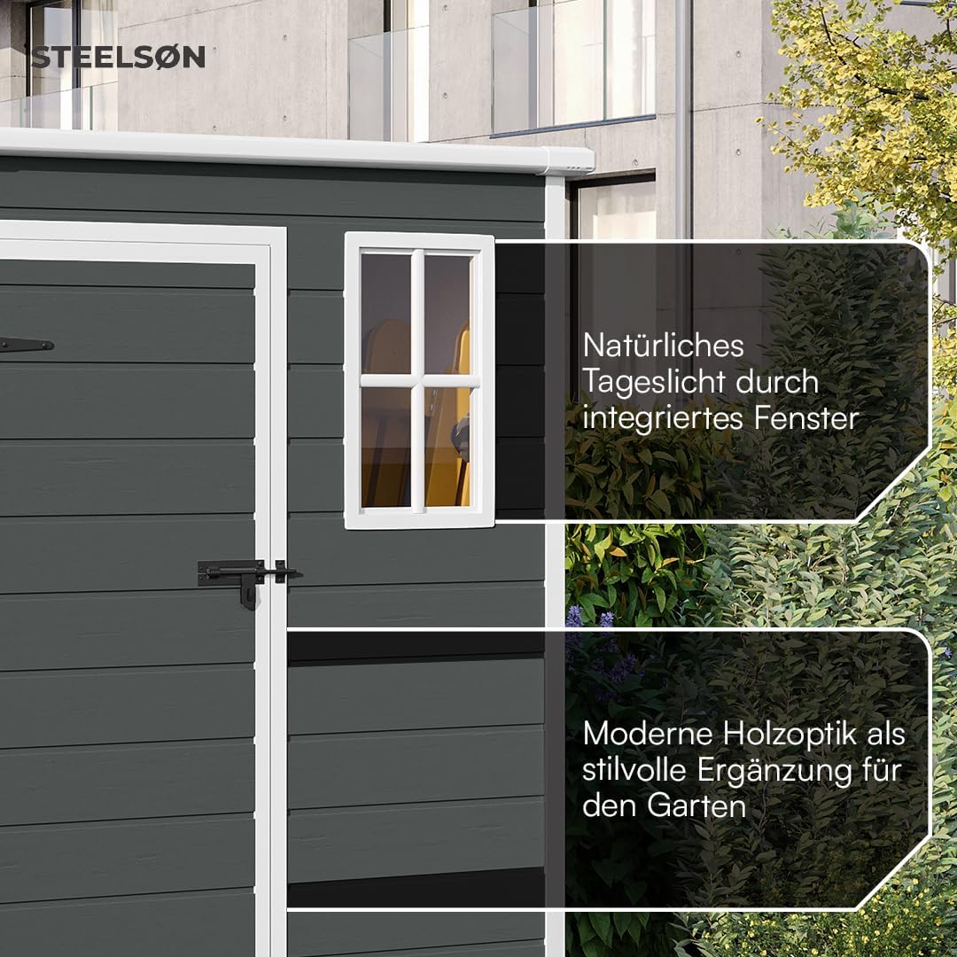 STEELSØN Novara Gerätehaus – Gartenschuppen mit Pultdach & Fenster – Gartenhaus 192x92x151 cm (HxTxB) – Geräteschuppen aus Kunststoff in Anthrazit – Gartenhütte wetterfest & rostfrei – Schuppen