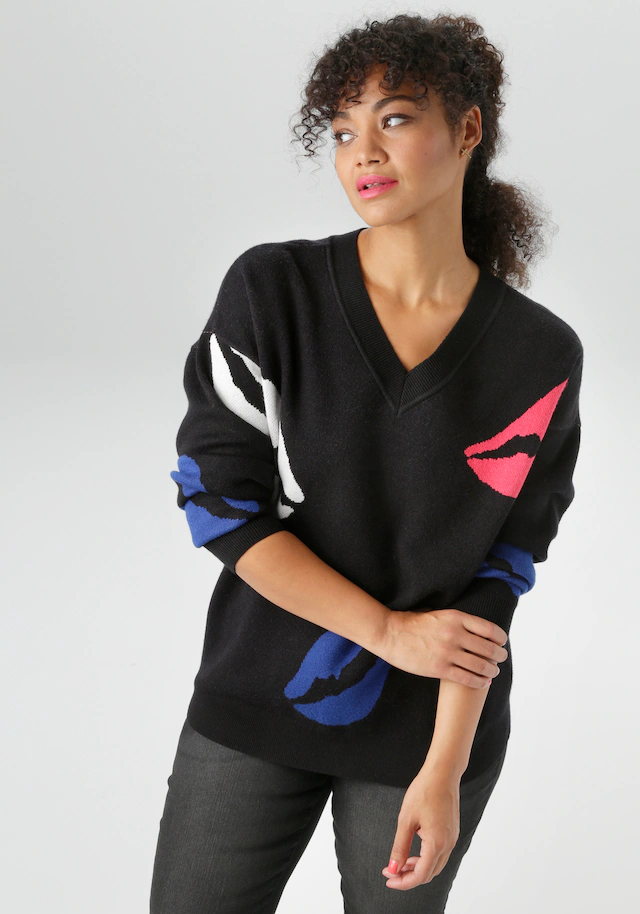Aniston PLUS Strickpullover , mit eingestrickten farbigen Kussmündern - NEUE KOLLEKTION