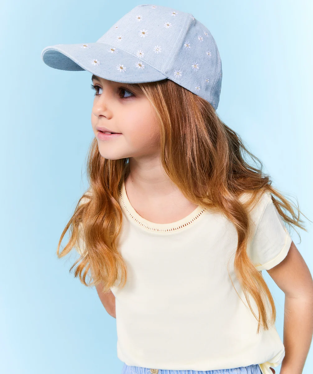 T-SHIRT MANCHES COURTES FILLE EN COTON BIO JAUNE PÂLE AJOURÉ