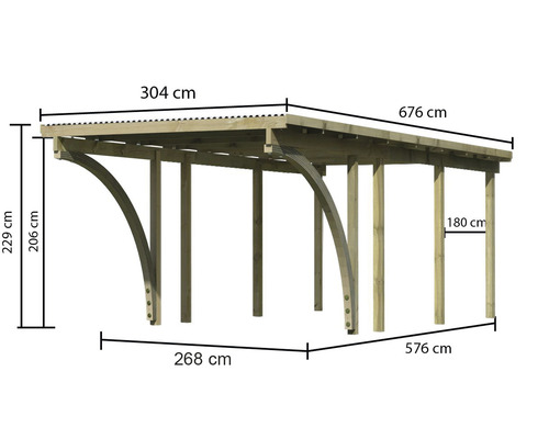 Enkele carport Karibu Eco 2C PVC panelen met 2 inrijbogen zonder beslag 268x576 cm drukgeïmpregneerd
