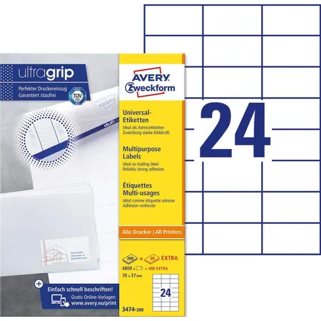 Avery Zweckform 3474-200 Universal-Etiketten,A4 mit ultragrip,Adressaufkleber 70 x 37 mm, 220 Bogen/5.280 Etiketten, weiß