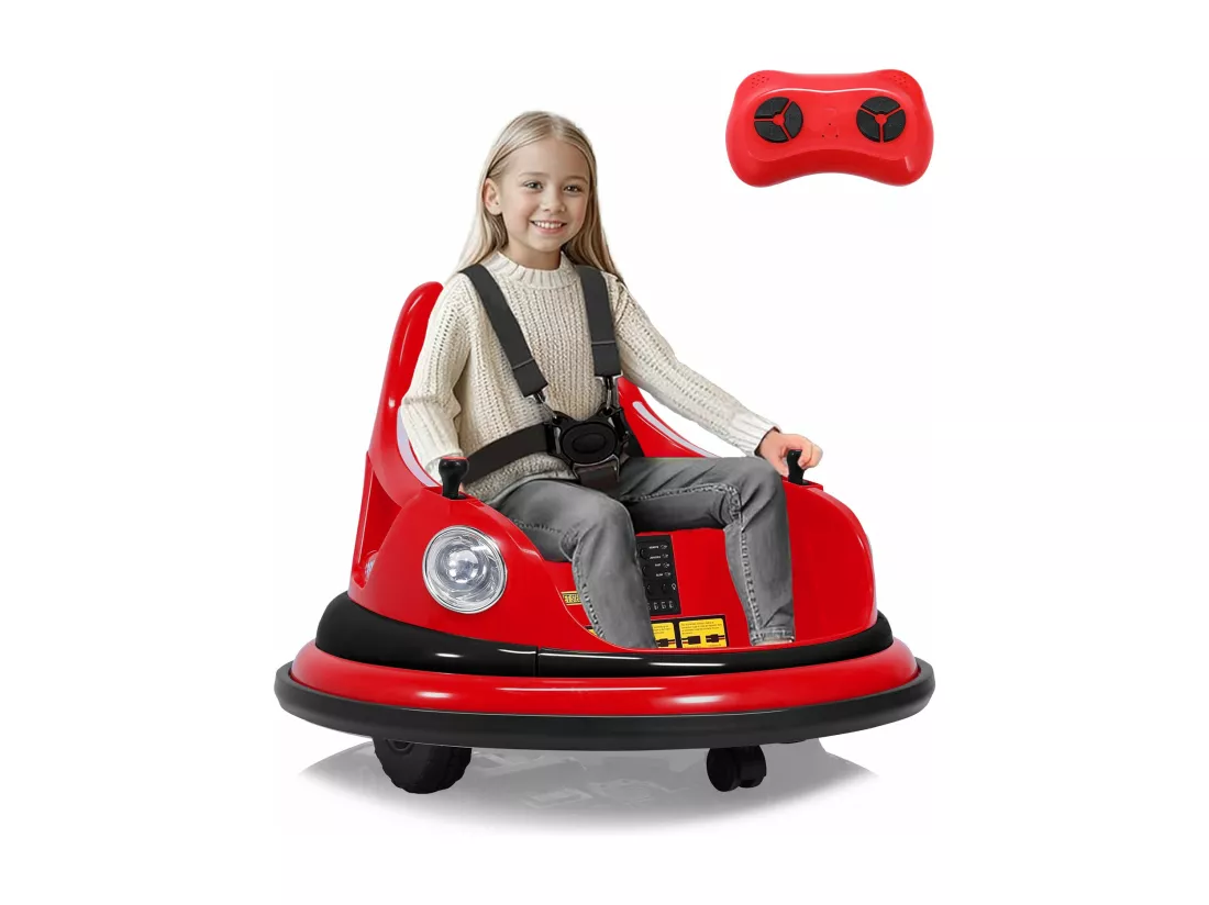HOMEMIYN Voiture tampon électrique 12V à 2 vitesses, certifiée ASTM, avec télécommande, musique Bluetooth, lumière LED, rotation à 360°, ceinture de sécurité à cinq points, jouets pour enfants pour garçons et filles de 1,5 à 5 ans, rouge.