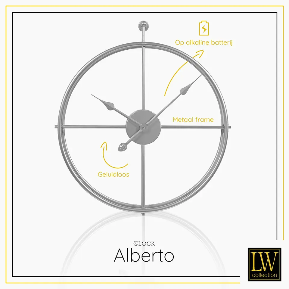 LW Collection Wandklok Alberto zilver 62cm