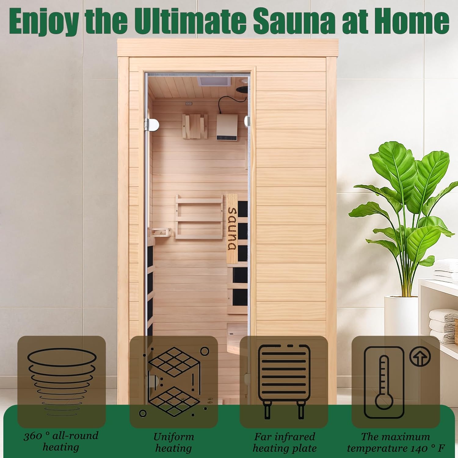 Ferninfrarot-Sauna 1 Person Tannenholz Heimsauna 5 Infrarot-Heizelemente Bluetooth 7-Farben Chromotherapie EMF-arm Seitentür mit Sicherheitsglas