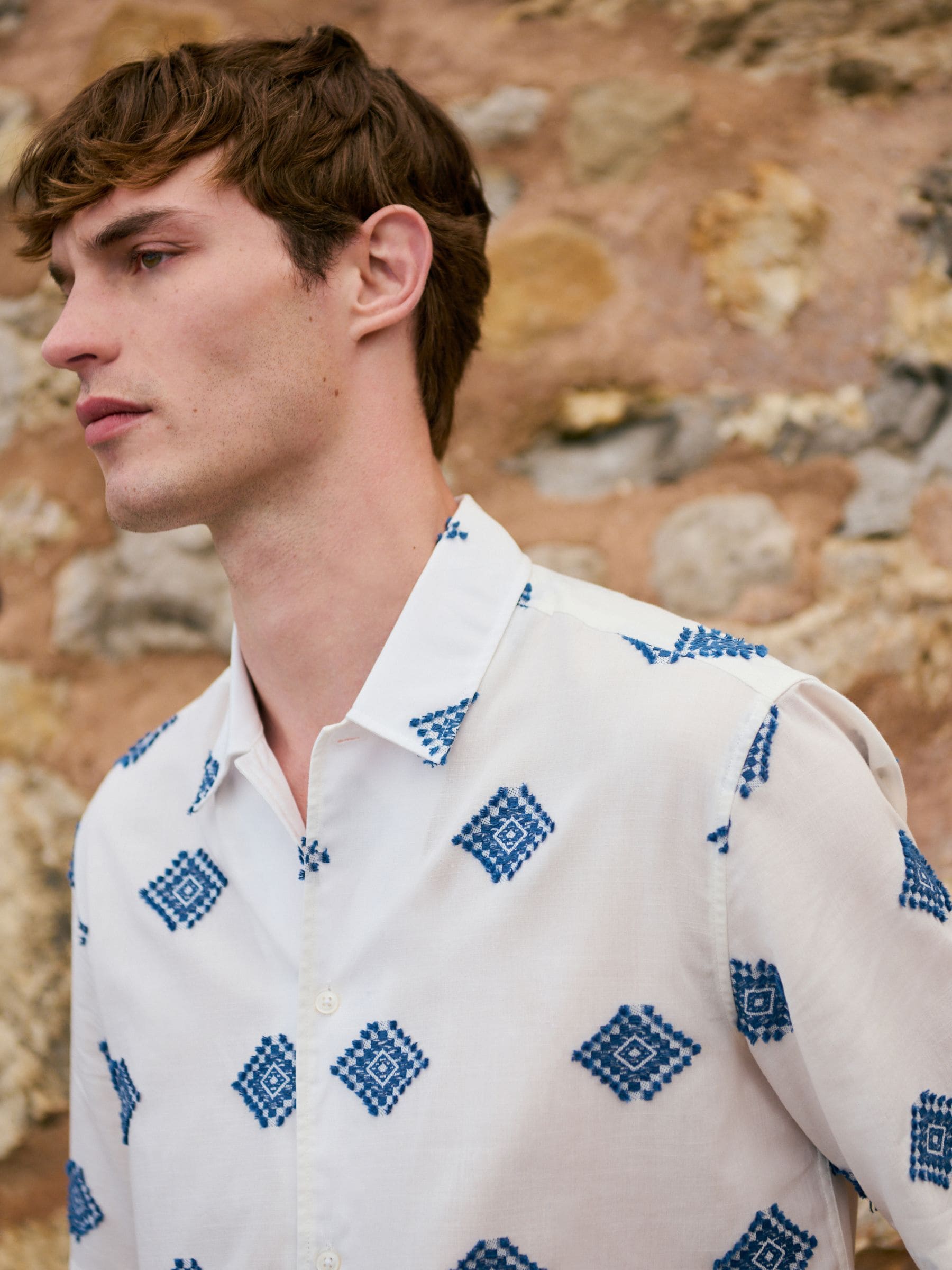 Ecru - Embroidered Pattern Short Sleeve Shirt