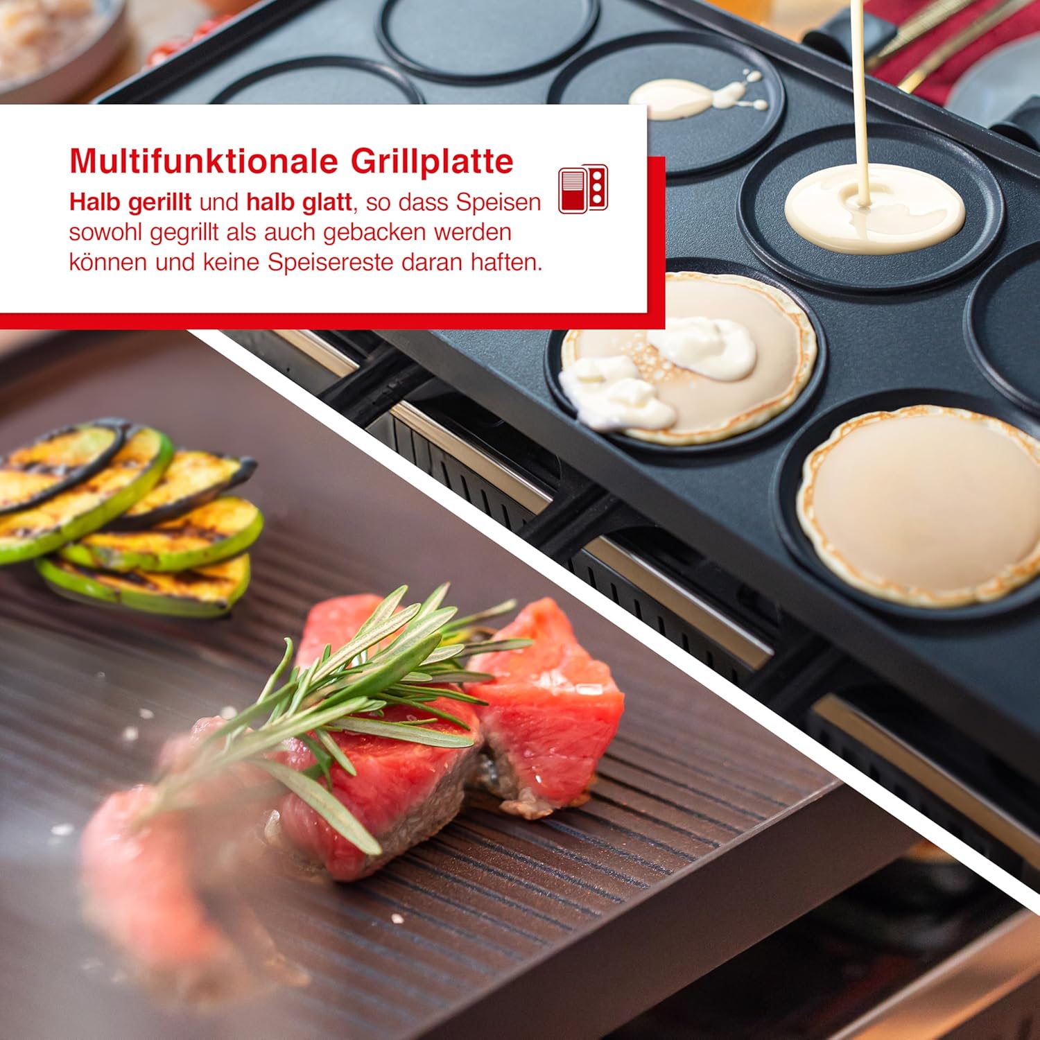 Solis Raclette Tischgrill 4-in-1 mit Grillplatte & Crêpe-Funktion – 1200W Ober- & Unterhitze, Antihaft, 8 Pfännchen, Mini-Pizza & Raclette Genuss für Familie & Freunde