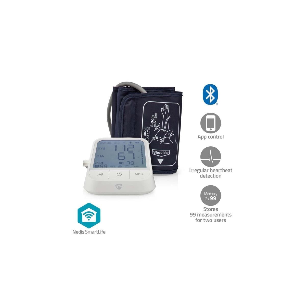 Nedis Smartlife Blodtrykksmåler | Væpne | Bluetooth | LCD-Skjerm | 22 - 42 cm | Deteksjon av uregelmessig hjerteslag / Deteksjon for mansjettbruk / Hold fortsatt indikasjon | Hvit