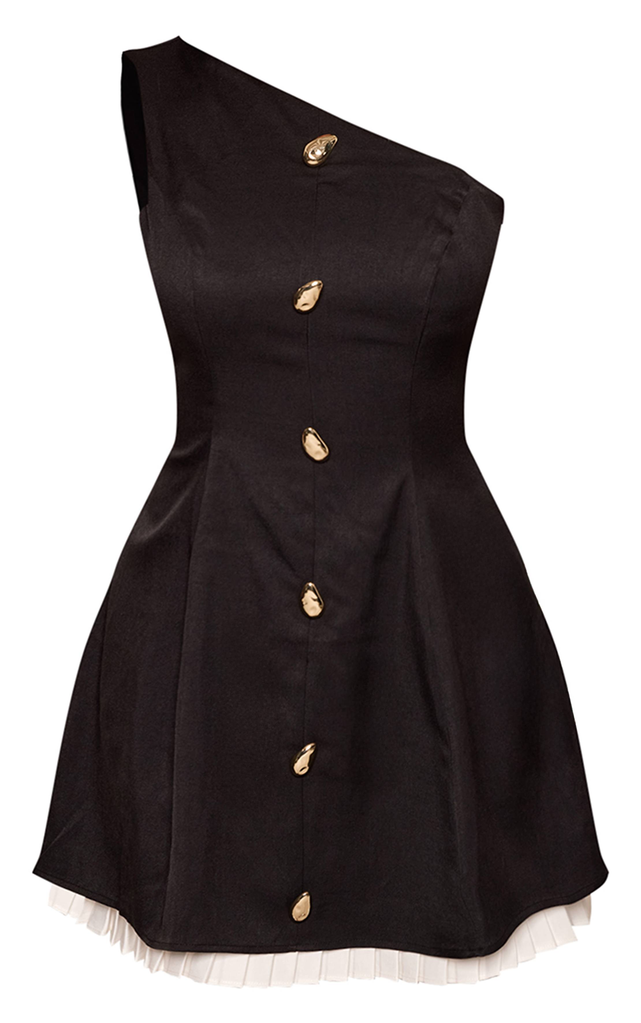 Noir Robe Mini Plissée Asymétrique Sculptante À Jupe Plissée