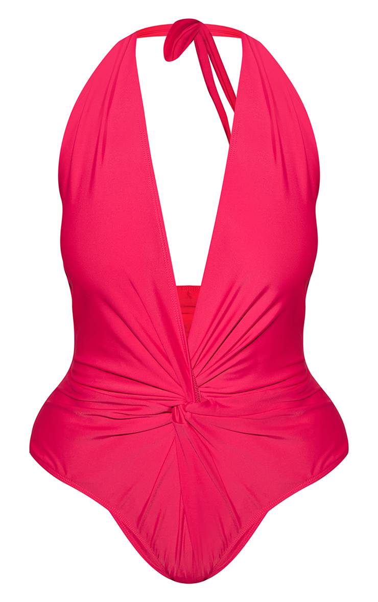 Rose Fuchsia Maillot De Bain Sculptant À Encolure Licou Avec Décolleté Plongeant Et Détail Torsadé