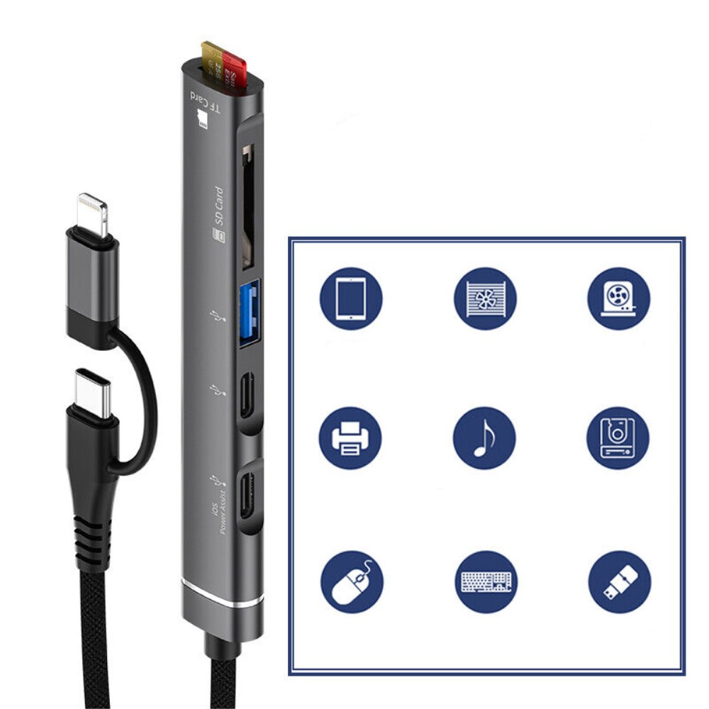(5 Gbit/s) Alu USB C / Lightning Multiport Adapter HUB mit 2x USB C / USB A / SD & Micro SD Kartenlesegerät - Grau