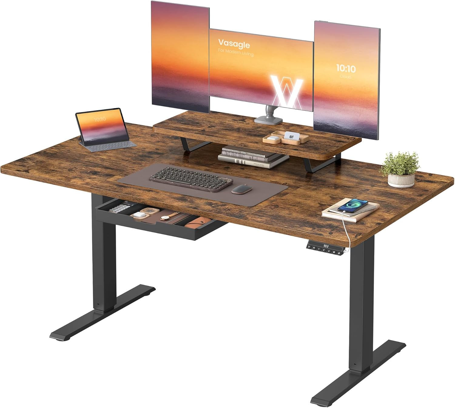 VASAGLE Höhenverstellbarer Schreibtisch, 140 x 70 cm, flexibel montierbarer Monitorständer, Schublade, USB-C-Anschluss, Erinnerung bei langem Sitzen, für Büro, vintagebraun LSD154KD01