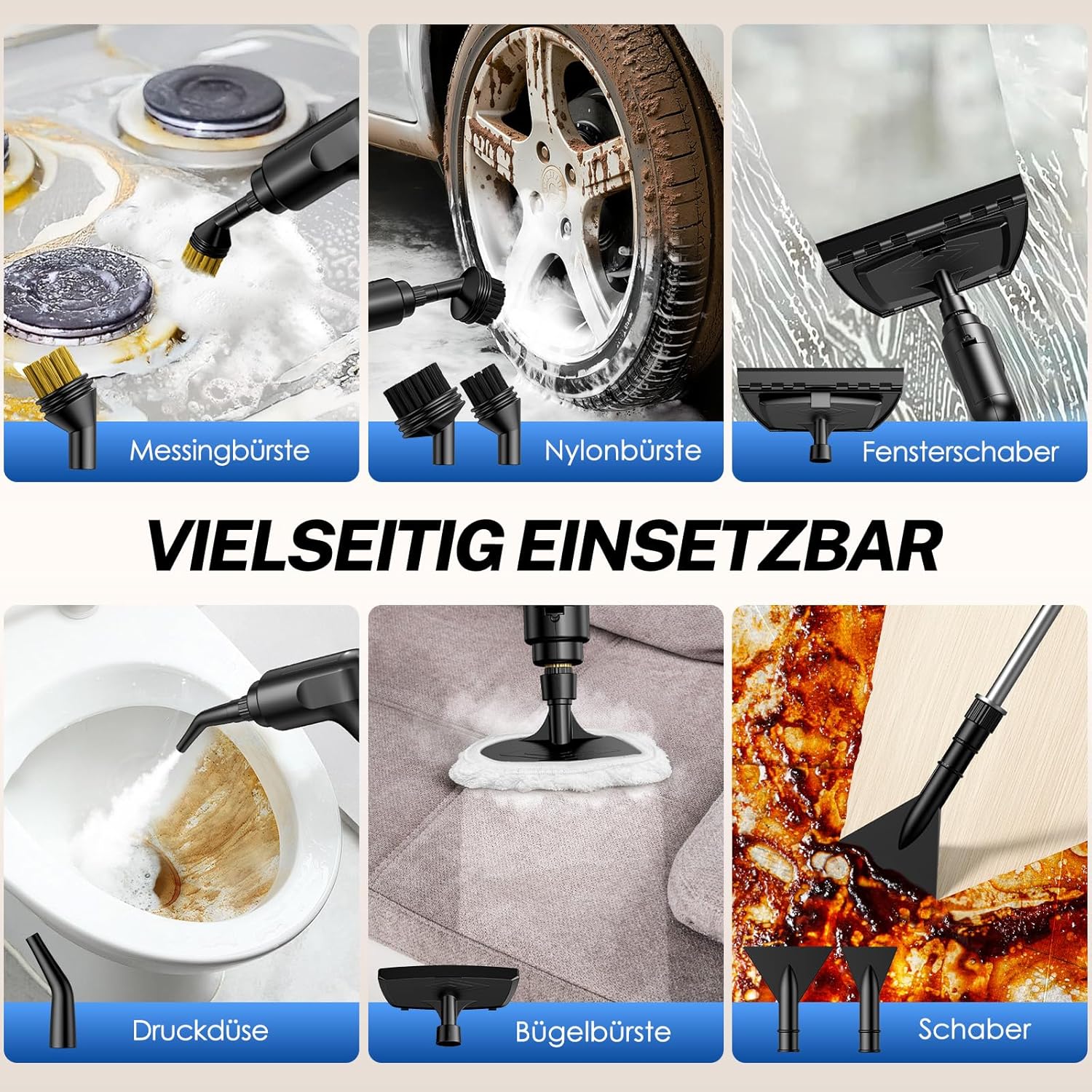 ODSD Dampfreiniger für Haushalt und Auto, 3-stufig einstellbarer Dampfreiniger, 15 Sekunden Aufheizzeit und 1,6 l großer Tank, Handdampfreiniger für Autos, Haushalt, Küche, Fenstern,Boden