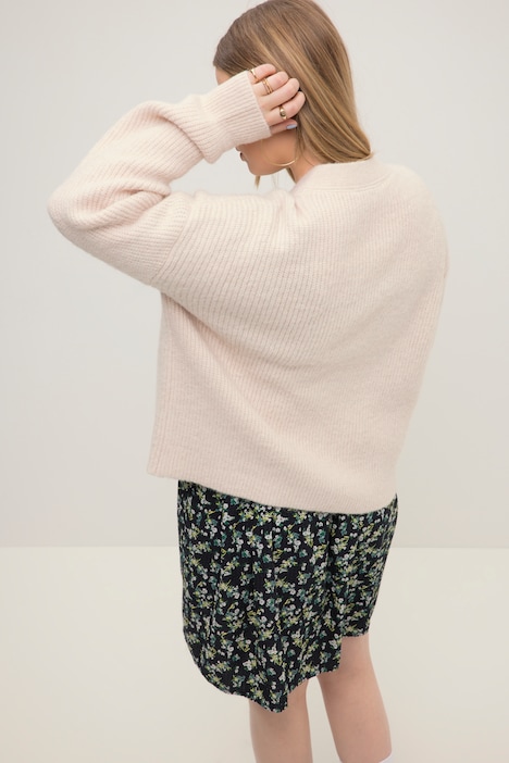 Strickjacke, oversized, Rippstrick, V-Ausschnitt, Langarm, Stickerei