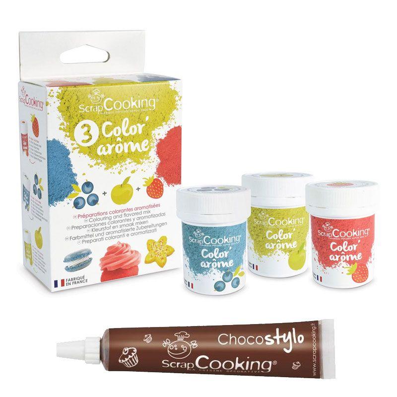 3 Colorants-arômes alimentaires fraise-pomme-myrtille + 1 Stylo chocol