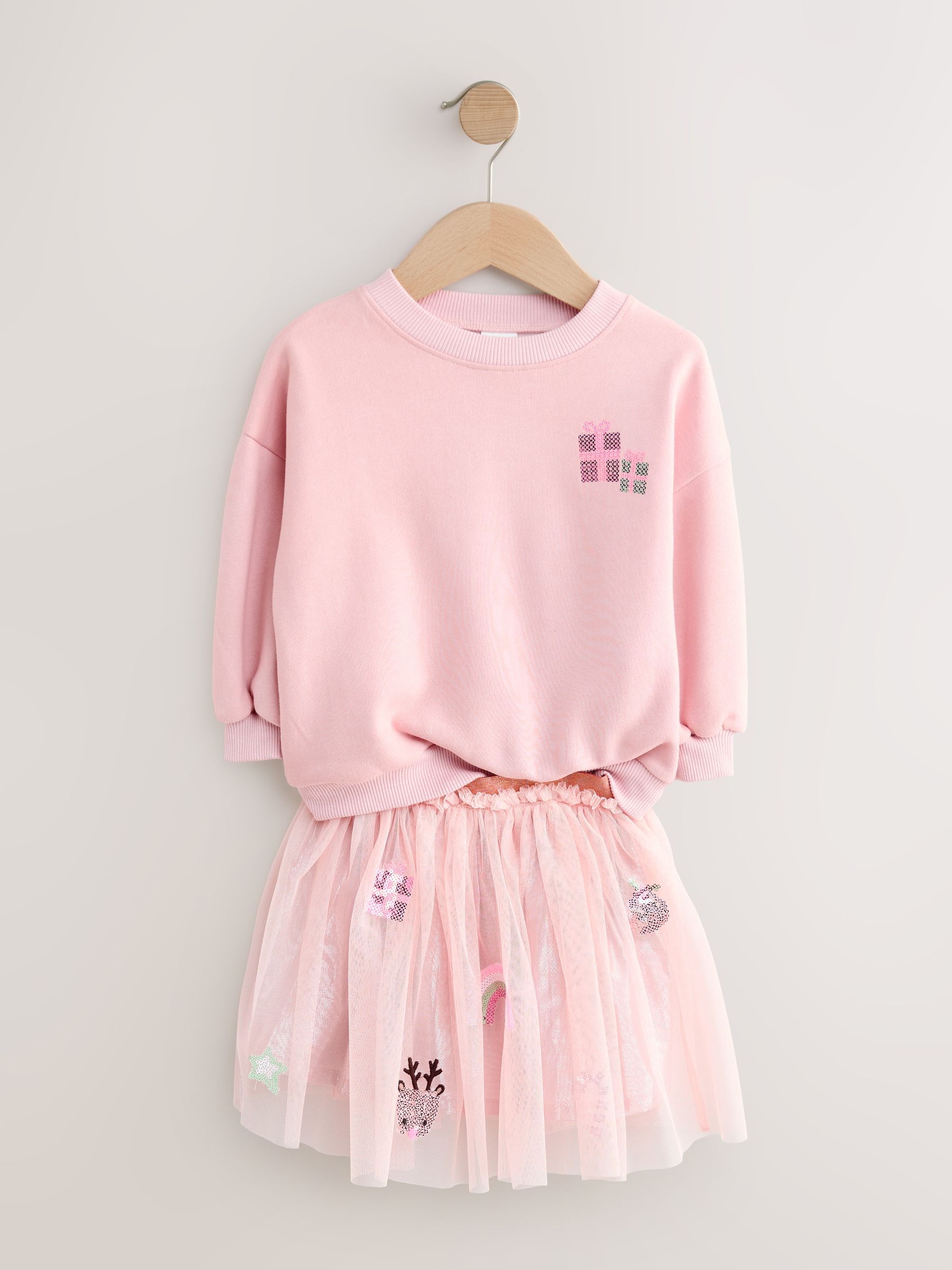 Roze Kerstmis - Set van top met lange mouwen en rok (3mnd -7jr)