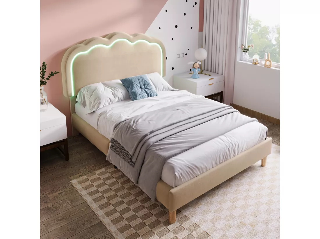 Lit capitonné 90 x 190 cm avec tête de lit réglable pour chambre à coucher - LEDs - tissu lin - beige