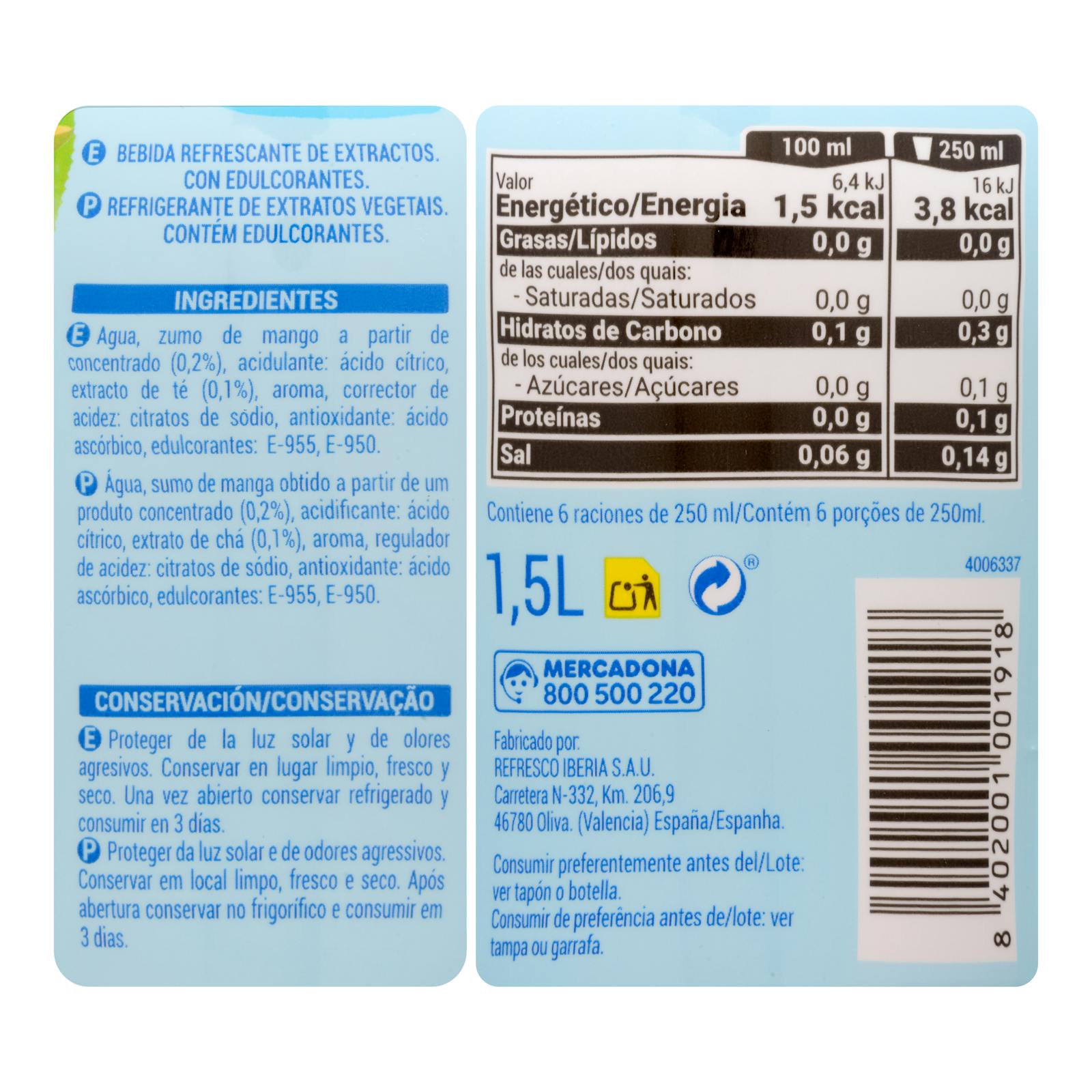 Rafraîchissement au thé aromatisé à la mangue Hacendado Zero