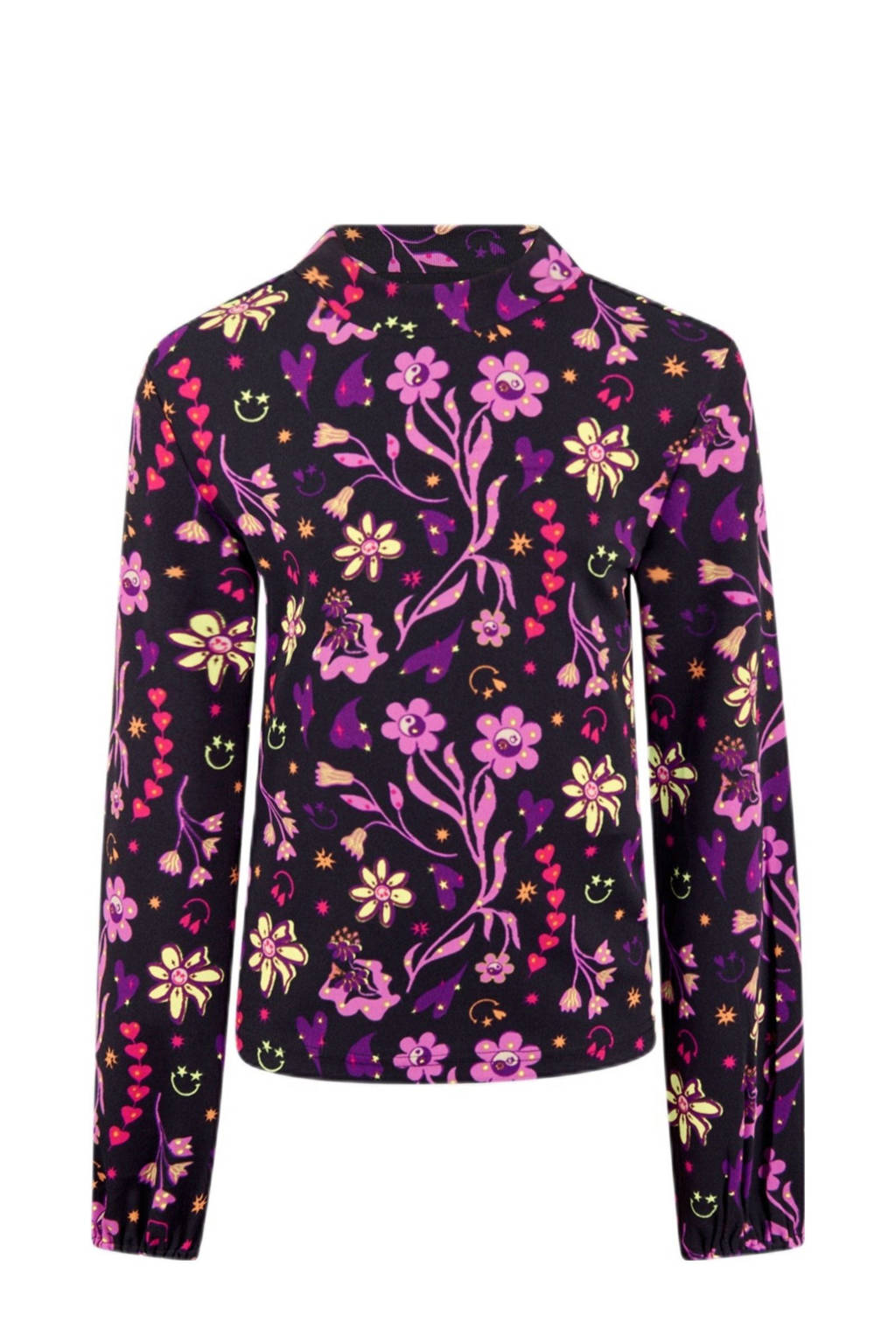 Shoeby longsleeve met all over print zwart/roze/lila/groen