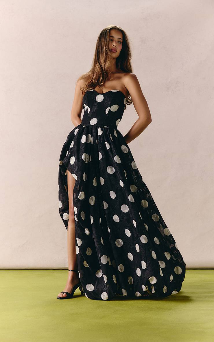 Noir Robe Maxi Bouffante À Pois Surdimensionnés En Jacquard