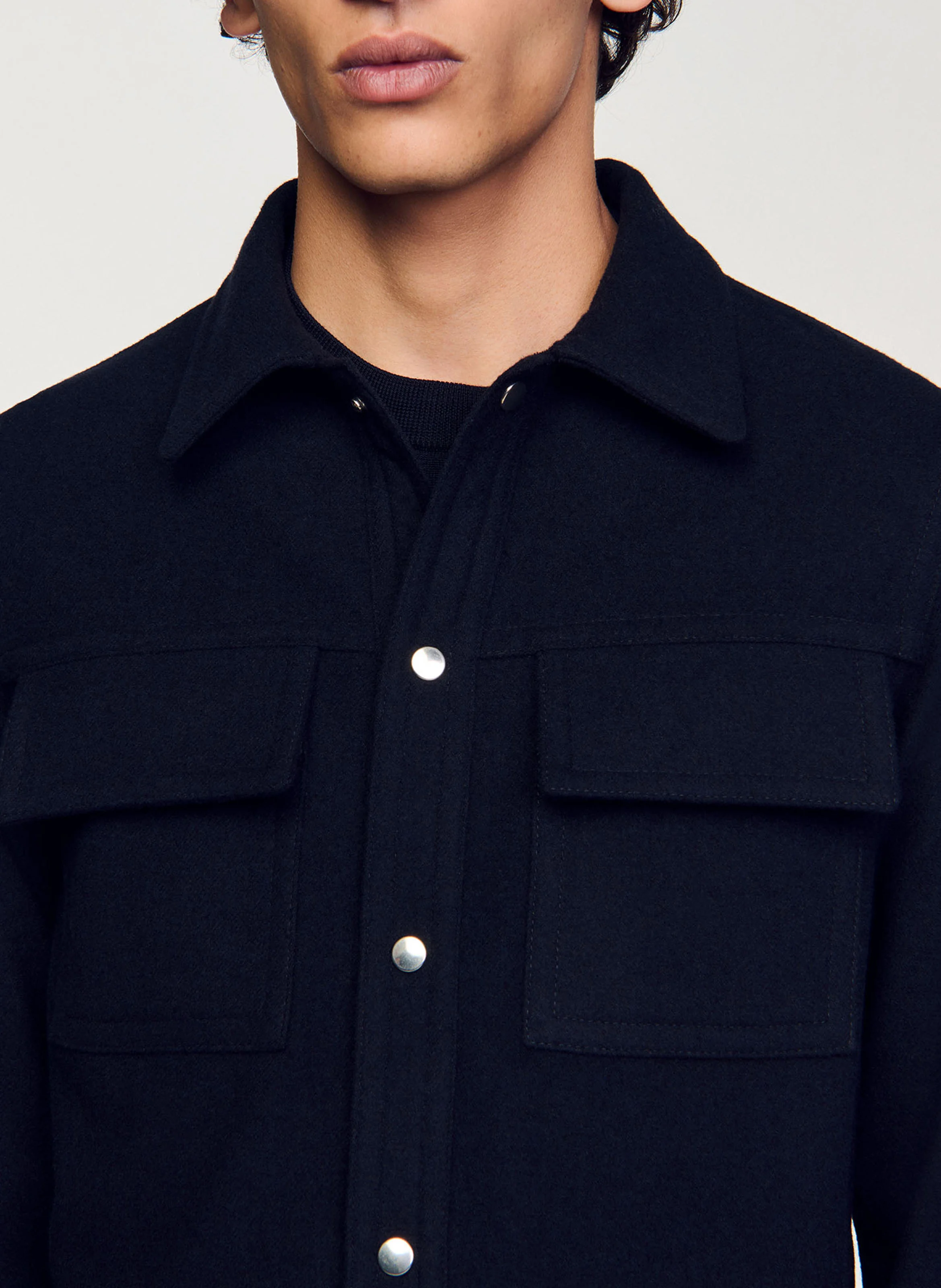 Chemise col classique droite en laine mélangée | Bleu