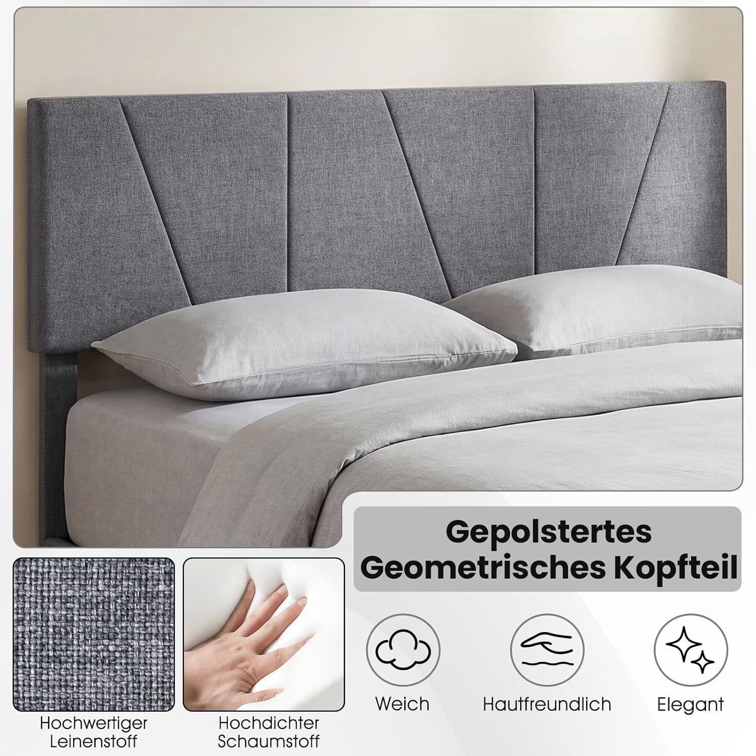 COSTWAY Polsterbett mit Lattenrost, Bettrahmen aus Holz mit höhenverstellbarem Kopfteil in Leinenstoff, Bettgestell ohne Matratze, Grau (140 x 200 cm)