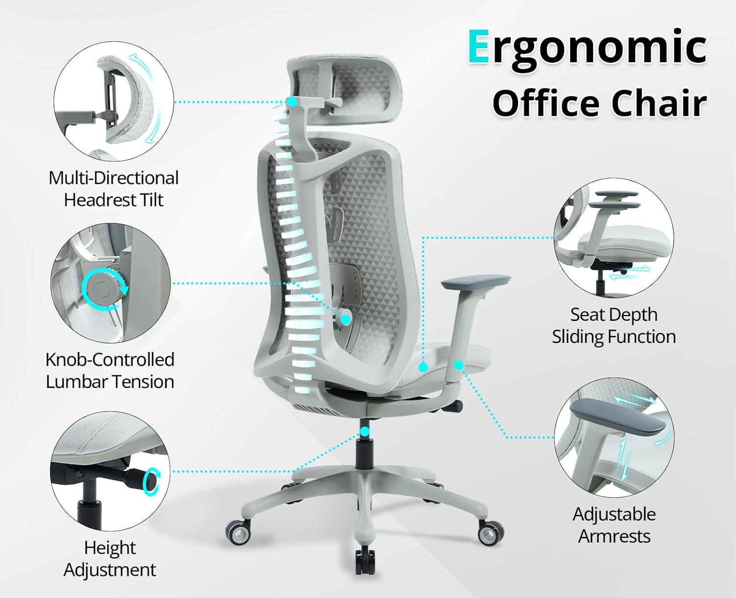 ergonomischer Bürostuhl | Schreibtischstuhl mit Verstellbarer Sitztiefe, Lendenwirbelstütze und Armlehnen, Computerstuhl mit höhenverstellbarer Rückenlehne, 3D-Kopfstütze, Grau