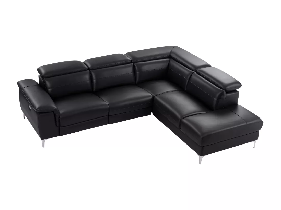 Canapé d'angle droit relax électrique en cuir noir FUSINO