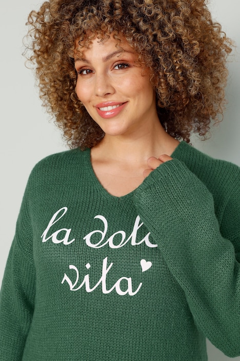 Long-Pullover, Schriftzug, V-Ausschnitt, Langarm
