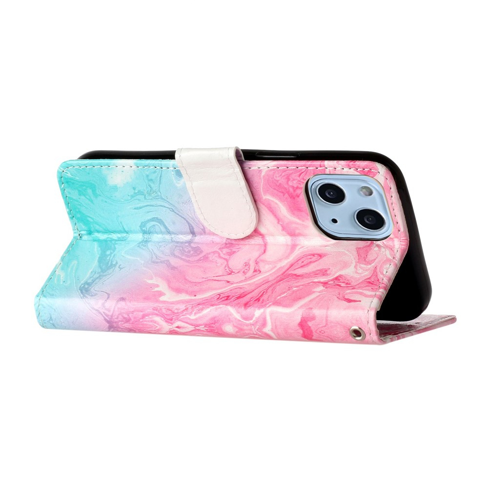 iPhone 13 Leder Tasche Flip Cover Marmor Marble - Rosa / Türkis