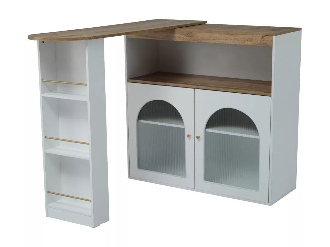 Meuble de bar pivotant - 2 portes, 3 étagères de rangement & niche - MDF plateau effet bois - LEDs - Naturel et blanc