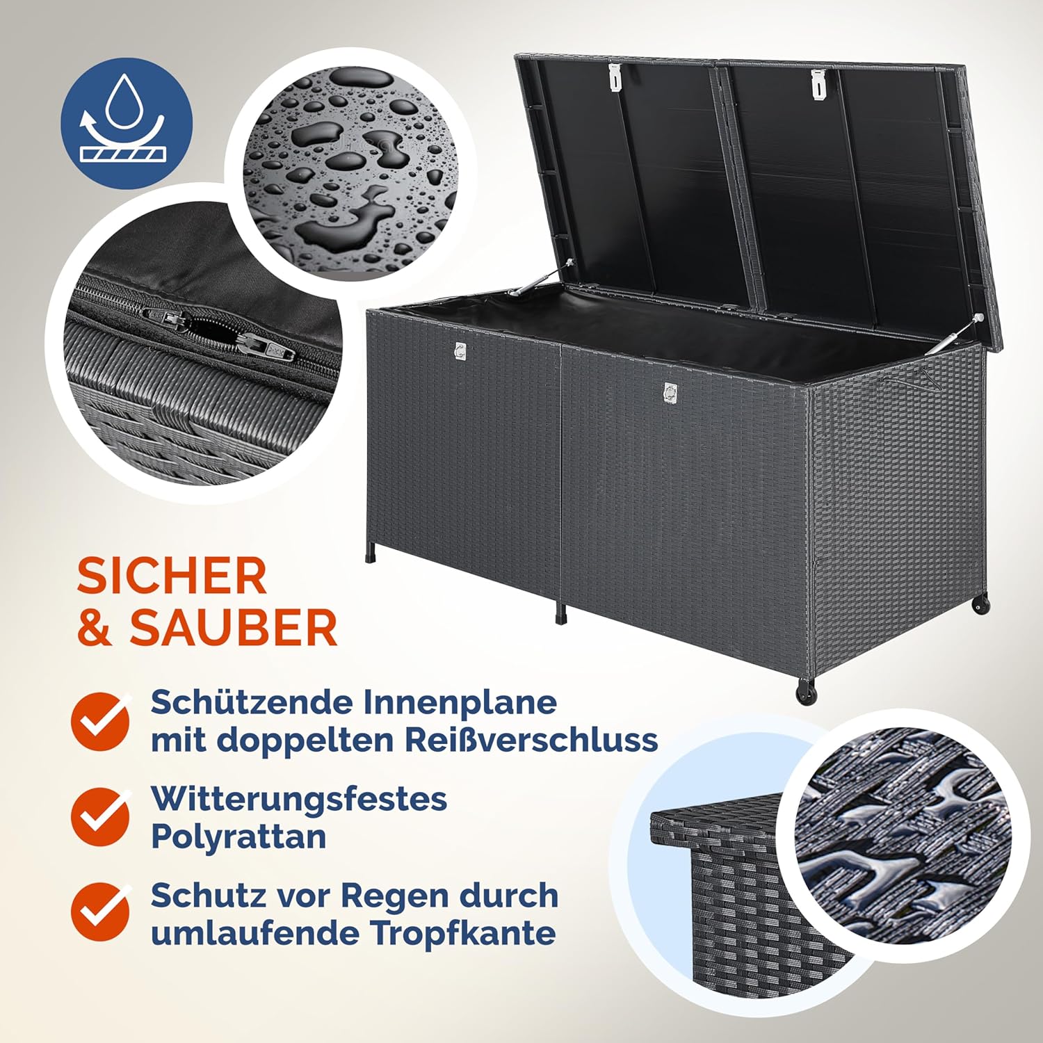 Casaria® Gartenbox XXL Polyrattan Wetterfest 625L UV-beständig Griffe Rollen Gasdruckfeder Garten Wintergarten Auflagenbox Kissenbox 150x77cm Schwarz