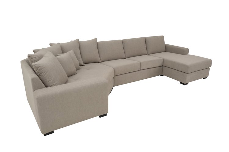 Modern Living hjørnesofa Cosy Corner venstre og 2-seter med sjeselong høyre. Tekstil Kall 9 Cappuccino med Arm A og ben 2 sortbeiset eik.