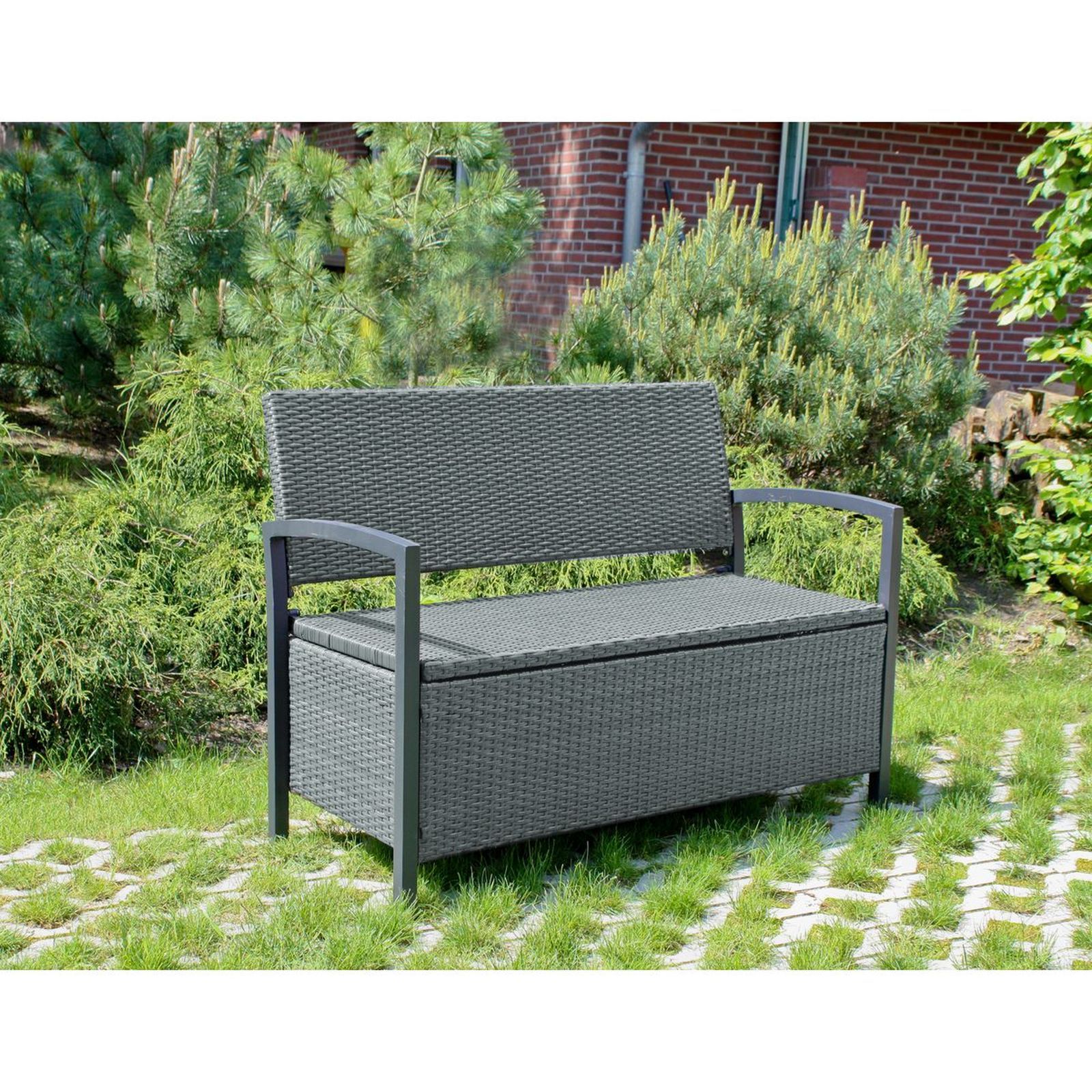 Gartenbank FERRARA - dunkelgrau - Polyrattan - mit Ablagefach