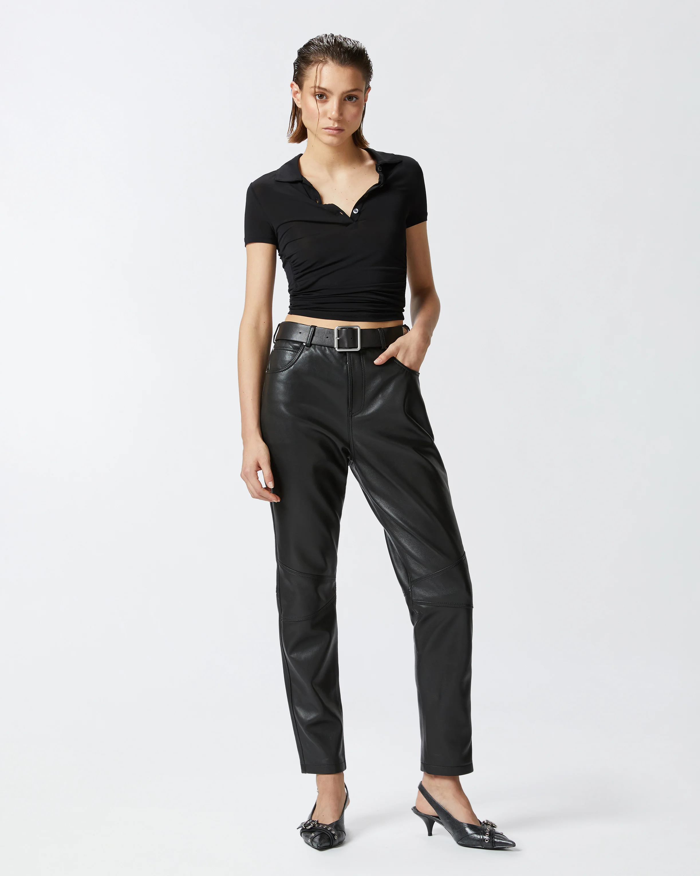 Pantalon long ceinturé nappa | Noir