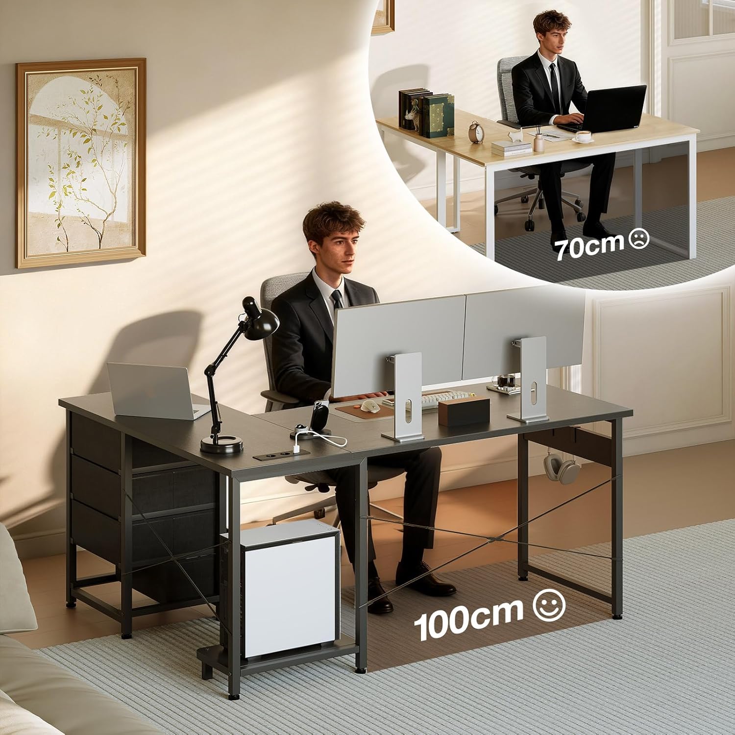 ODK Eckschreibtisch mit 4 Schubladen, 135×100 cm Schreibtisch L Form mit Steckdose und USB-Ladeanschluss, Reversibler Schreibtisch mit Stauraum für Homeoffice und Gaming, Schwarz