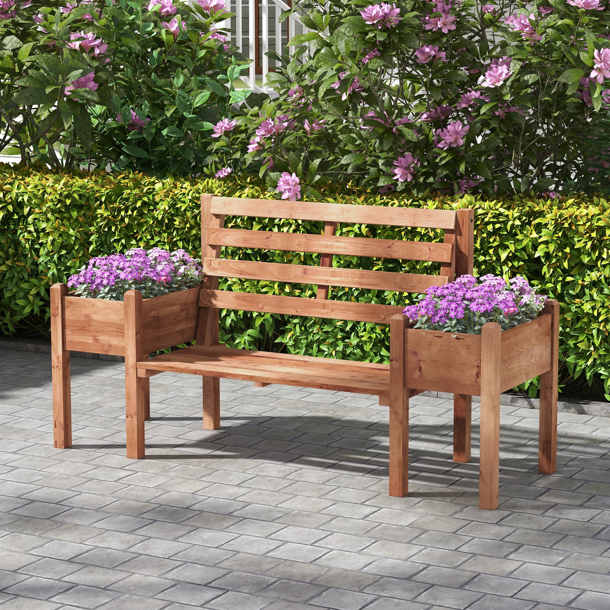 Outsunny Gartenbank mit 2 Blumenkästen braun 184L x 59B x 95H cm