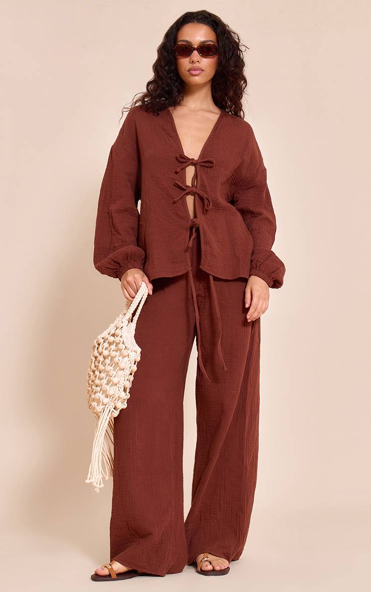 Marron Foncé Chemise Texturée Effet Gaze À Nouer Devant