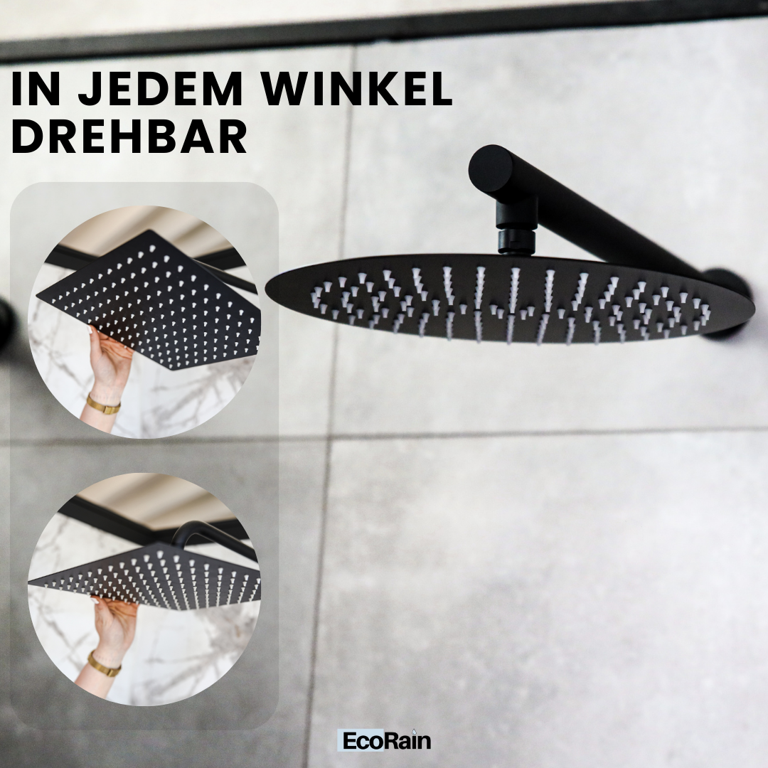 EcoRain Waterbesparende Regendouchekop Tyler 30 cm Zwart met Douchearm - 30% Waterbesparing - Waterbesparende Douchekop - Ronde Regendouchekop - Universeel - Verbrandingsbestendige Douchekop