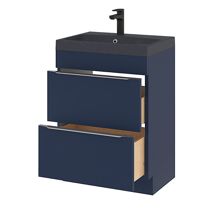 Ensemble salle de bains l.60 cm meuble à poser Imandra bleu nuit mat + plan vasque résine noir