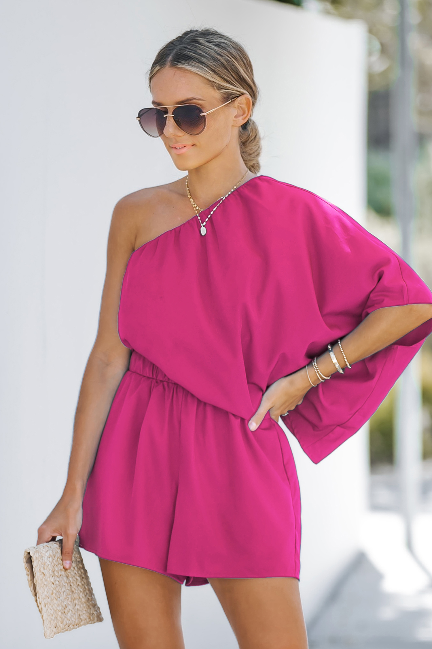 Combishort à une épaule et corsage drapé fuchsia