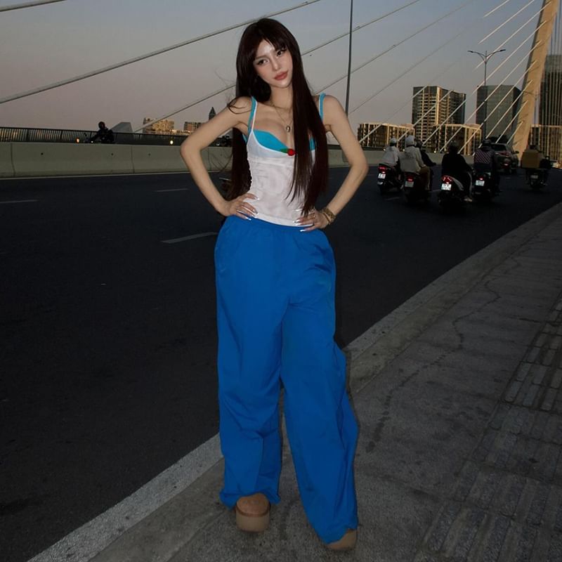 Bababy - Mock Two-Piece Two-Tone Floral Camisole Top / High Waist Wide Leg Pants