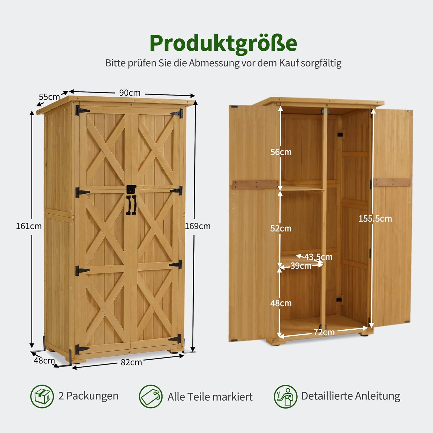 M MCombo Holz Gartenschrank, Outdoor Gerätehaus Geräteschuppen, Gartenhaus Klein Wetterfest, für Außenbereich Balkon Terrasse, 55×90×169cm, 0878 (Natur)