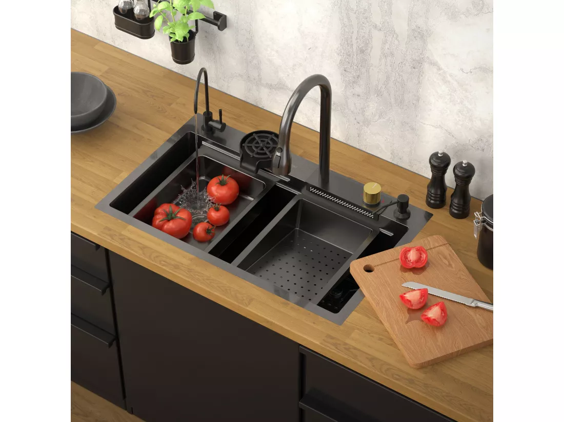 Évier de cuisine encasté multifonctions robinet douchette 75x46 cm anthracite