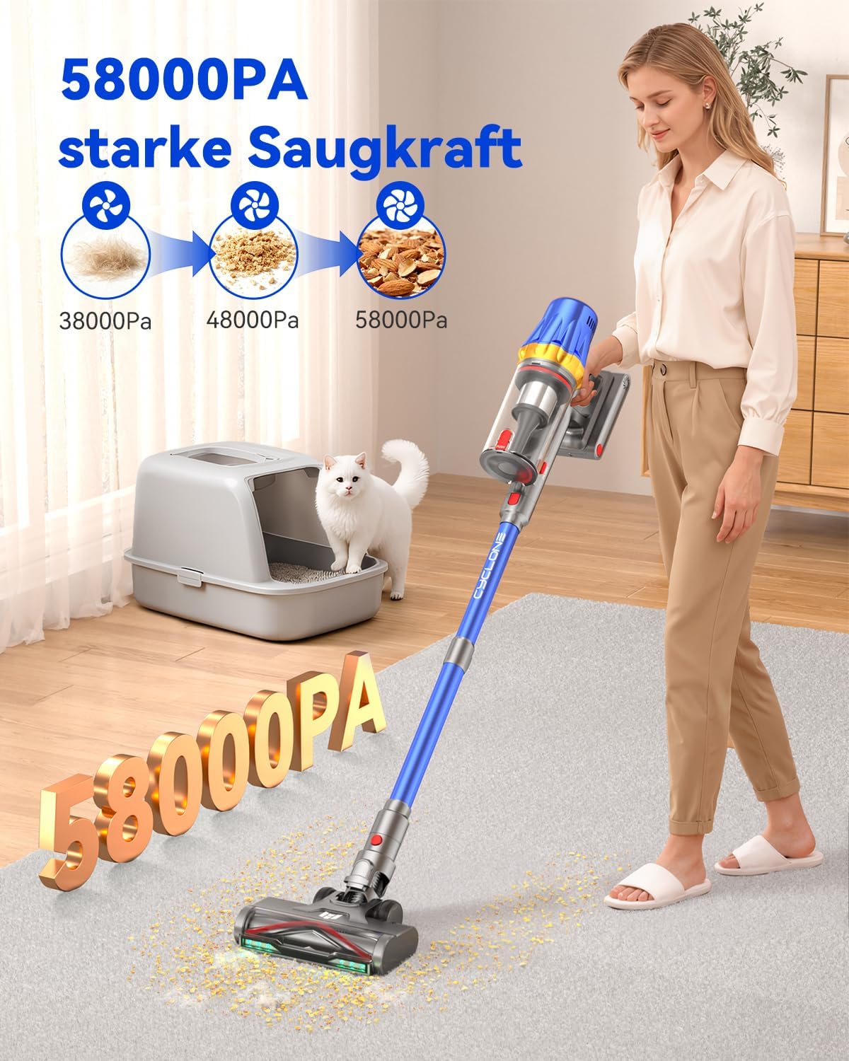 H9 Akku Staubsauger 58000Pa/650W/80Min, Staubsauger Kabellos mit LED-Touchscreen, Selbststehender Akkustaubsauger, Upgrade Anti-Tangle Bodenbürste für Tierhaare/Teppiche/Hartböden, Blau