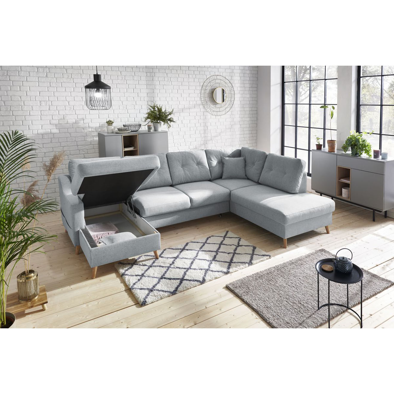 Bobochic Canapé d'angle panoramique convertible gauche Sweden gris clair - 300x149/90/198x95 cm